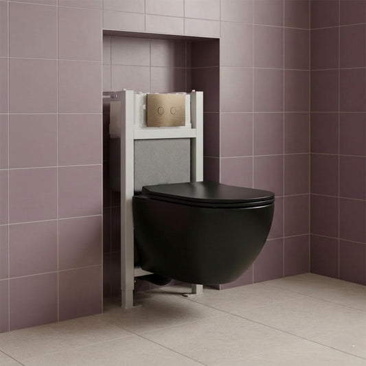 0.82m Pre-wall Freestanding W.C Frame & Wortex Matt Black Rimless Toilet with Seat & Bronze Flush Plate 0.82m WC frame with black wall hung toilet and bronze flush plate