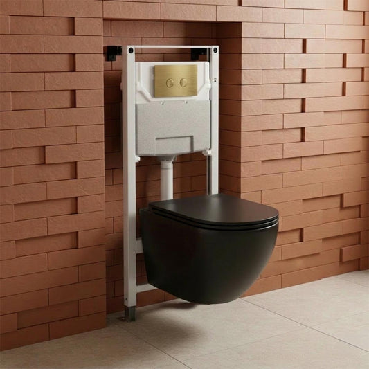 1.2m Wall Hung WC Frame with Cistern & Matt Black Rimless Toilet with Seat & Brushed Brass Flush Plate 1.2m Wall Hung WC Frame with Cistern & Matt Black Rimless Toilet with Seat & Brushed BrassFlush Plate