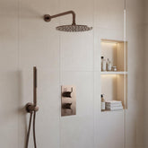 2 Outlet Shower Set with Shower Valve, Fixed Shower Head and Arm and Handset- Brushed Bronze 2 Outlet Shower Set with Shower Valve, Fixed Shower Head, Arm and Handset- Brushed Bronze