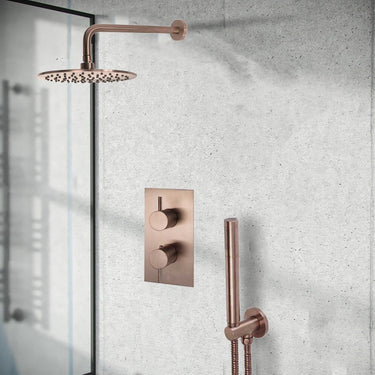 2 Outlet Shower Set with Shower Valve, Fixed Shower Head and Arm and Handset- Brushed Bronze 2 Outlet Shower Set with Shower Valve, Fixed Shower Head and Arm and Handset- Brushed Bronze