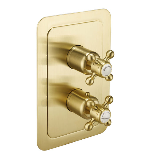 Aura Concealed Thermostatic 2 Outlet Shower Valve - Brushed Brass 2 outlet Concealed Shower Valve in Brushed Gold.