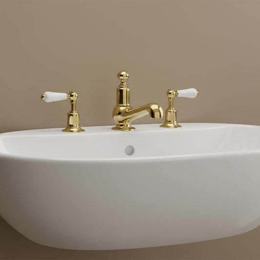 Traditional 3 Hole Basin Mixer Tap with White Lever Deck Mounted - Shiny Gold traditional 3 hole basin tap shiny gold
