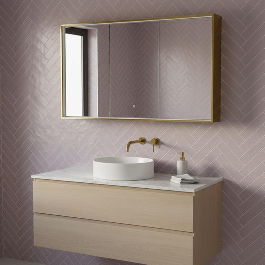 LUCA Recessed Three Doors Bathroom Mirror Cabinet with Light and Demister – 1200 x 700mm - Brushed Brass Frame 3 door mirror cabinet with brushed brass frame and light