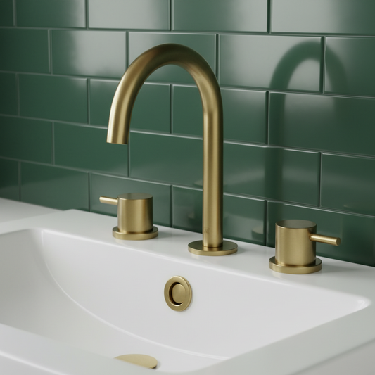 Brushed Gold Deck Mounted 3-Hole Basin Mixer Tap with Round Handles 3 hole basin mixer tap brushed brass