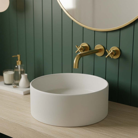 Wall Mounted 3-Hole Basin Mixer Tap with Crosshead Handles - Brushed Brass 3 hole bathroom basin mixer tap - brushed brass