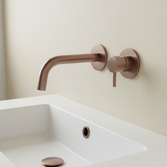 Wall Mounted 2 Hole Basin Mixer Tap with 200mm Spout - Brushed Bronze Bronze Wall Mounted 2 Hole Basin Mixer Tap