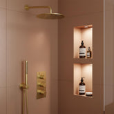 2 Outlet Concealed Shower Set with Thermostatic Valve, Fixed Shower Head with Arm and Handheld Shower - Brushed Brass Brushed Brass 2 Outlet Concealed Shower Set