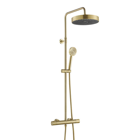 Brushed Brass Exposed Thermostatic Shower Valve with Rigid Riser, Shower Head & Round Handset Brushed Brass Exposed Thermostatic Shower Valve with Rigid Riser, Shower Head & Round Handset