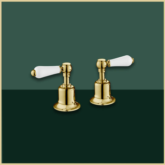 Polished Gold Panel Valves with White Lever Handles - Deck Mounted Brushed Brass deck valves traditional style