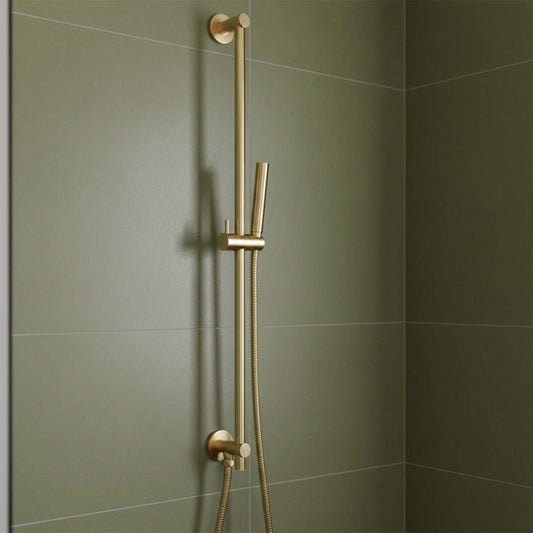 Brushed Brass Slider Rail Kit with Pencil Shower Handset, Hose and Water Outlet Brushed Brass Shower Slider Rail Kit with Handset and Hose