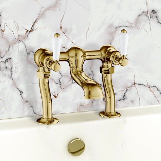 Polished Gold Traditional Bath Filler Tap with White Lever Handles Brushed Gold Bath Filler Tap with White Lever Handles