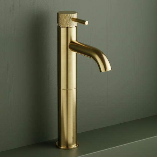 Tall Basin Mixer Tap with Knurled Handle - Brushed Brass brushed brass high rise basin tap