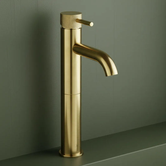 Tall Basin Mixer Tap with Knurled Handle - Brushed Brass Tall Basin Mixer Tap with Knurled Handle