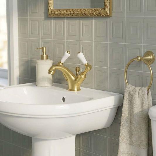 Brushed Brass Traditional Lever Mono Basin Tap with Pop up Waste Brushed brass Victorian mono basin mixer tap with two ceramic handles