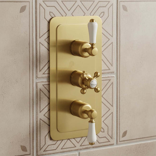 Traditional Thermostatic Three Outlets Shower Valve - Brushed Brass Brushed brass concealed thermostatic two outlets shower valve