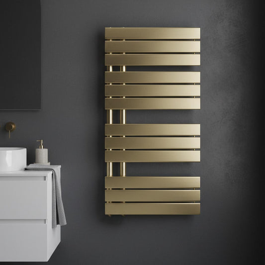 Brushed Brass Bathroom Radiator - Dual Fuel - 1080mm x 550mm Brushed brass heated towel rail with flat bars and opened end