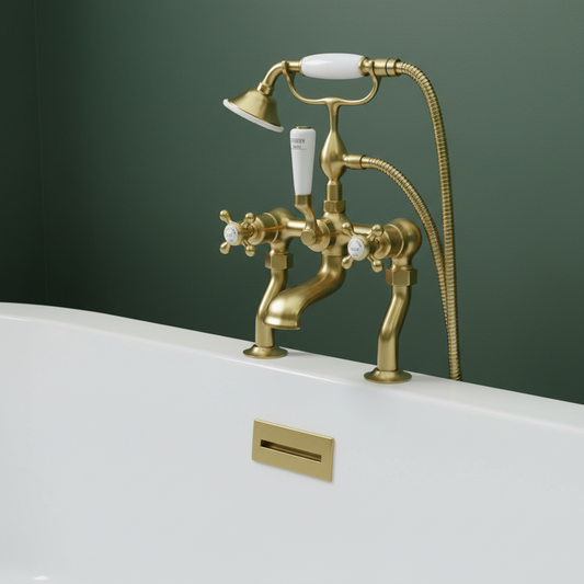 Traditional Deck Mounted Bath Shower Mixer Tap - Brushed Brass Victorian bath shower mixer tap