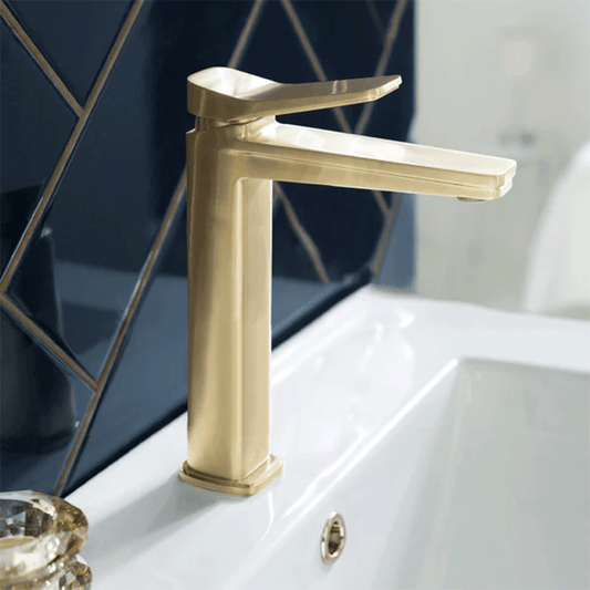 Single Lever Brushed Brass High Rise Basin Mixer Tap high rise basin tap