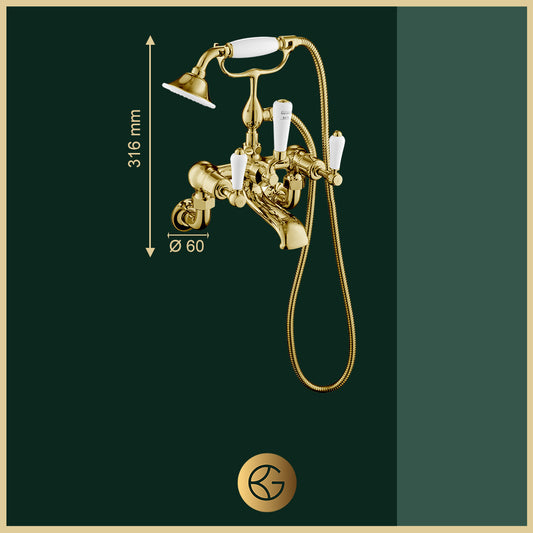 Polished Gold Bath Shower Mixer Tap with Kit Wall Mounted brushed gold bath shower tap