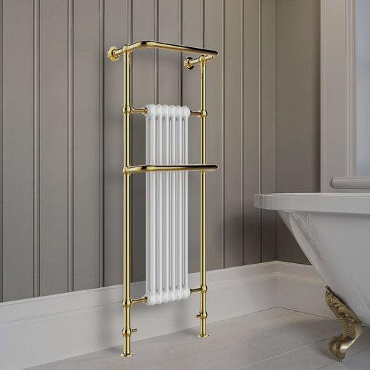 Traditional Towel Radiator with Two Overhanging Rails – Shiny Gold 1500mm x 574mm x 235mm Victorian heated towel rail