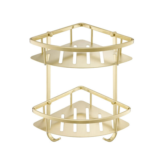 Double Corner Shower Basket with Hooks - Brushed Brass shower basket with hooks - brushed brass