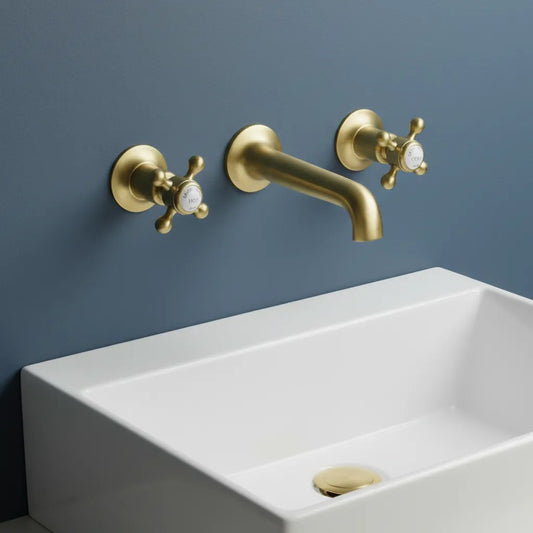 Brushed Brass 3 Hole Basin Mixer Tap Crosshead Handles - Wall Mounted Brushed Brass 3 Hole Basin Mixer Tap Crosshead Handles