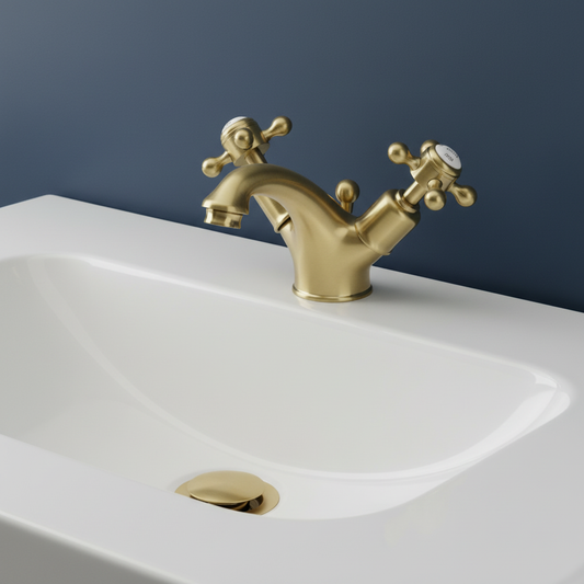 Traditional Brushed Brass Basin Mixer Tap with Dual Handles and Waste traditional monobloc basin mixer