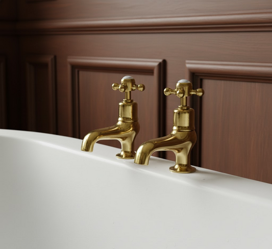 Deck-Mounted Traditional Bath Pillar Taps with Crosshead Handles Deck-Mounted Bath Pillar Taps with Crosshead Handles