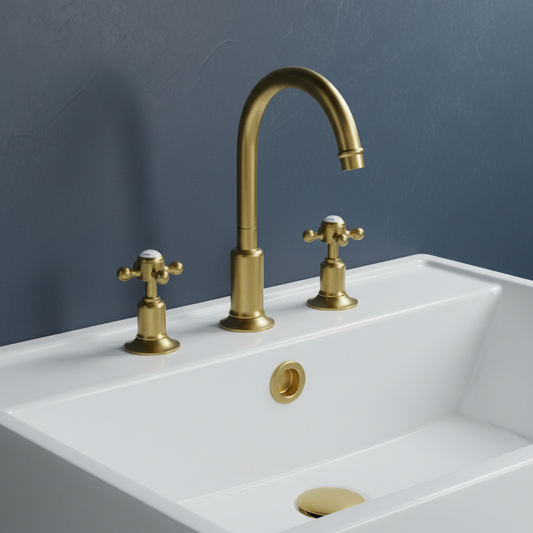 Traditional 3 Hole Deck-Mounted Basin Mixer Tap with Pop up Waste - Brushed Brass brushed brass 3 hole basin mixer tap deck mounted