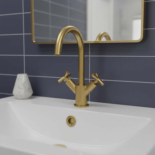Mono Mixer Tap Deck Mounted with Crosshead Handles - Brushed Brass Deck mounted basin mixer tap with two crosshead handles - brushed brass