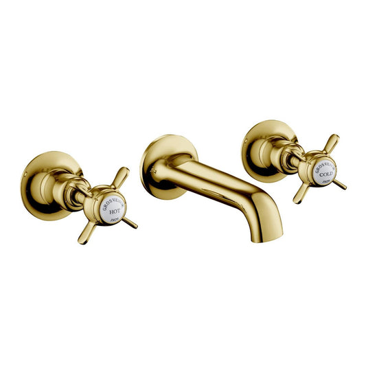 Traditional 3 Hole Wall Mounted Basin Mixer Tap - Polished Gold Gold Wall mounted traditional basin tap 3 hole