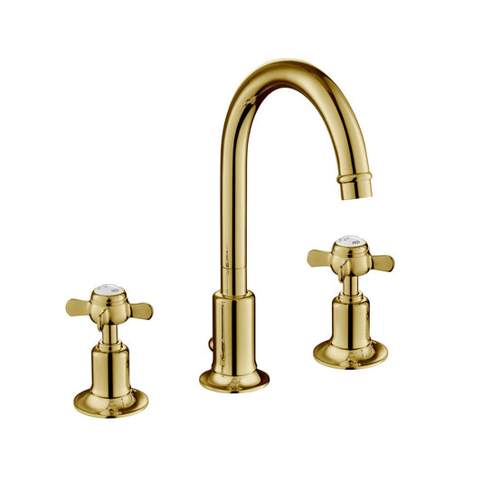 Pinch 3 Hole Traditional Basin Mixer Tap with Pop Up Waste - Polished Gold Pinch 3 Hole Traditional Basin Mixer Tap with Pop Up Waste - Polished Gold