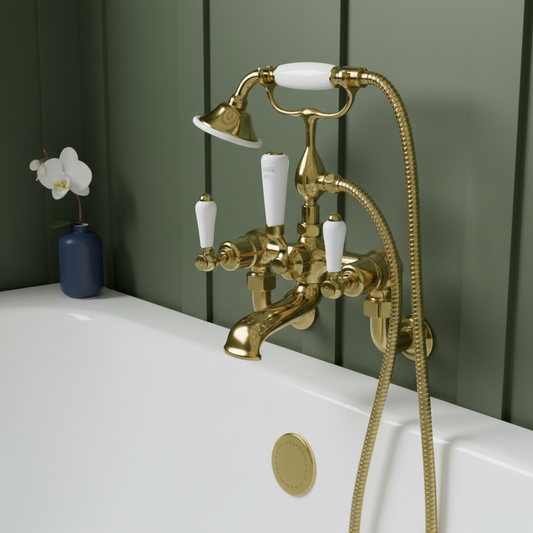 Traditional Polished Gold Bath Shower Mixer Tap with Kit - Wall Mounted Polished Gold Bath Shower Mixer Tap with Kit Wall Mounted
