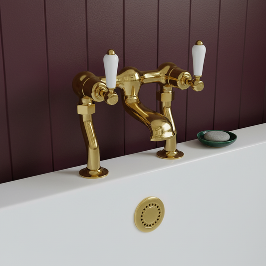 Polished Gold Traditional Bath Filler Tap with White Lever Handles Polished Gold Traditional Bath Filler Tap with White Lever Handles