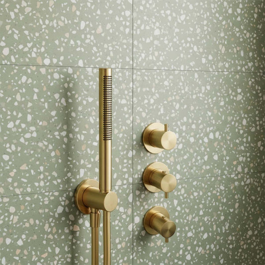 Brushed Brass Water Outlet with Bracket, Slim Handset Shower Kit and Hose Brushed Brass Water Outlet with Bracket, Slim Handset Shower Kit and Hose