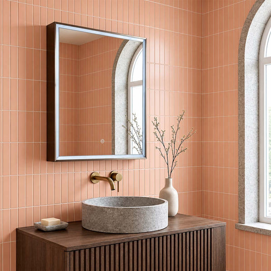 LUCA RecessedSingle Door Bathroom Mirror Cabinet with Light, Demister and Wireless Charger – 500 x 700mm - Brushed Bronze Frame Recessed Bathroom Mirror Cabinet with Light, Demister and Wireless Charger – 500 x 700mm - Brushed Bronze Frame