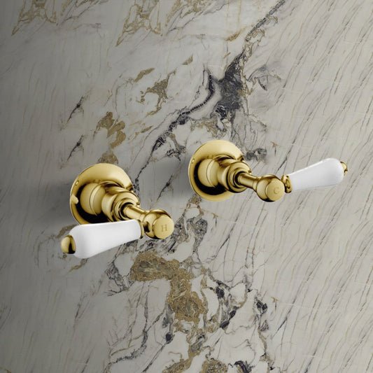 Traditional Shiny Gold Wall Stop Valves with Lever Handles Shiny Antique Gold On Off Traditional Valves