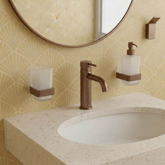 Square Soap Dispenser, Tumbler with Holder and Single Robe Hook Set - Brushed Bronze Square Soap Dispenser, Tumbler with Holder and Single Robe Hook Set - Brushed Bronze