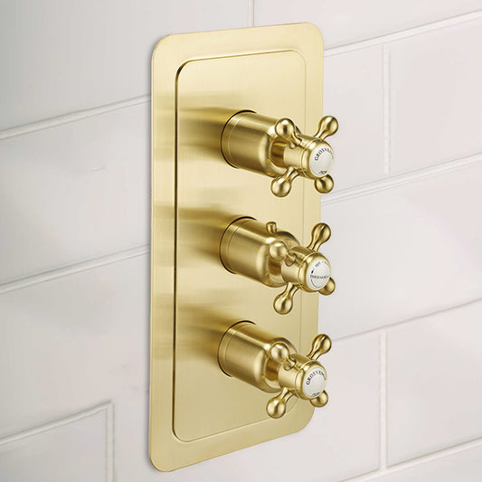 Aura Brushed Brass Thermostatic Concealed 3-Outlet Shower Valve  Brushed Gold Thermostatic Concealed 3-Outlet Shower Valve