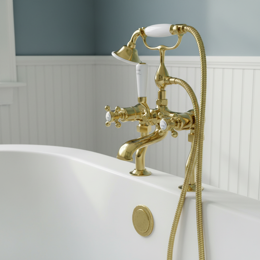 Traditional Deck Mounted Bath Shower Mixer Tap with Kit - Polished Gold Traditional Bath Shower Mixer Tap with Kit - Polished Gold