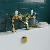 Traditional Bath Filler Tap with White Lever Handles - Gold Traditional Two Hole Bath Filler Tap White Lever Handles - Gold