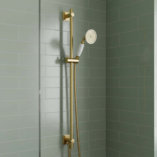 Traditional Brushed Brass Shower Rail Set with Handset and Bottom Water Outlet Traditional brushed brass slide rail kit