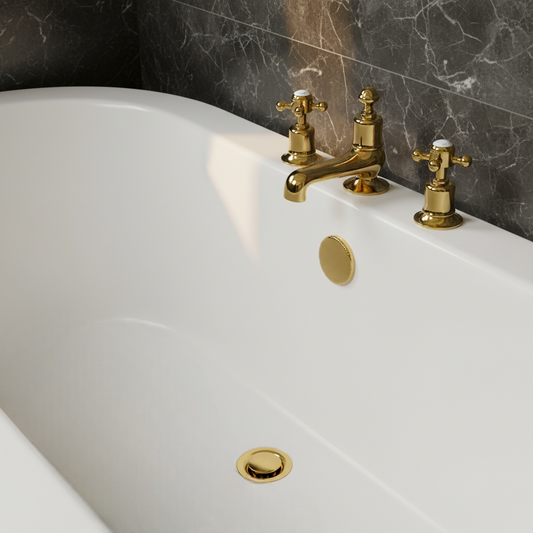 Polished Gold 3-Hole Deck Mounted Bath Filler Tap with Crosshead Handles Traditional 3 hole bath tap polished gold