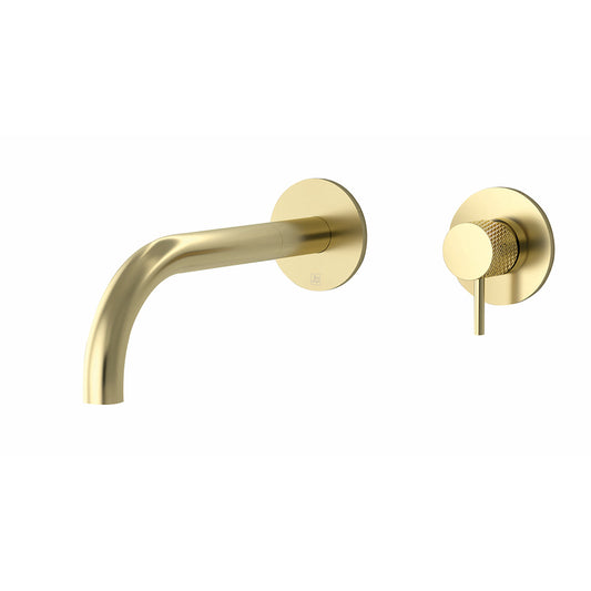 Brushed Brass Wall Mounted Basin Tap with Knurled Handle - 150mm, 200mm, 250mm brushed brass wall mounted tap