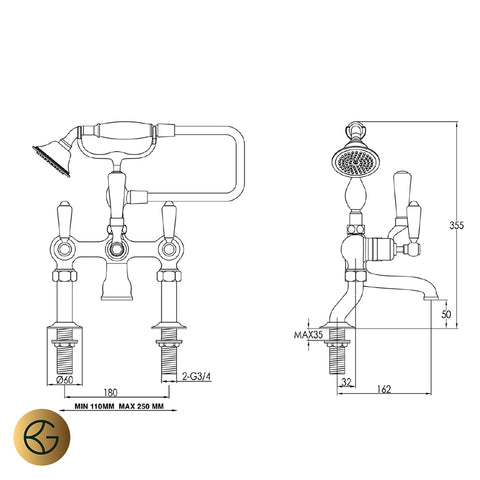 traditional deck mounted bath shower mixer tap measurments