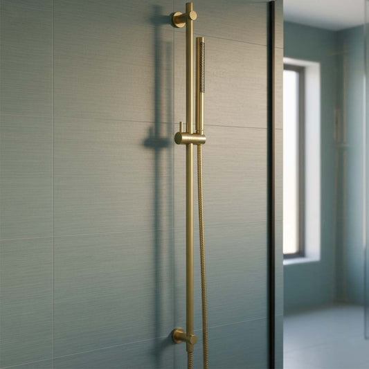 Brushed Brass Slider Rail Kit with Pencil Shower Handset and Hose brushed brass shower rail riser with handset