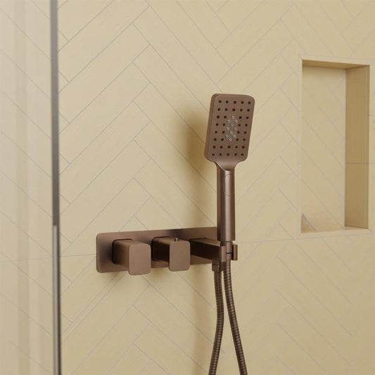 Concealed Thermostatic 2 Outlet Shower Valve with Shower Handle and Hose - Brushed Bronze bronze concealed two outlet shower valve with handheld shower
