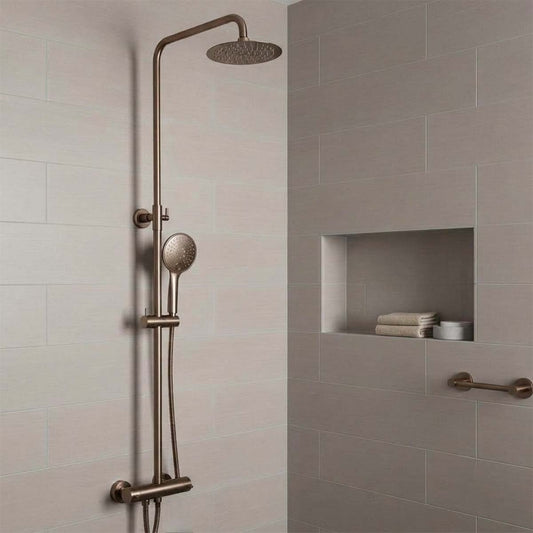 Brushed Bronze Cool Touch 2 Outlets Exposed Bar Shower Valve Kit bronze cool touch exposed thermostatic 2 outlet shower valve with round 200mm and handset
