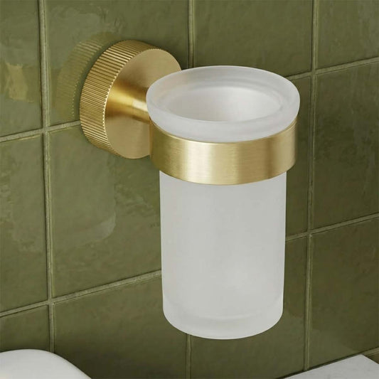 Brushed Brass Wall Mounted Tumbler with Holder brushed brass bathroom tumbler holder with glass tumbler