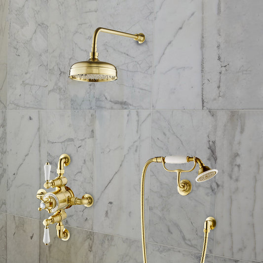Aura Traditional Thermostatic Exposed Valve with 2 Outlets – Brushed Brass Exposed Thermostatic Valve with 2 Outlets – Brushed Brass
